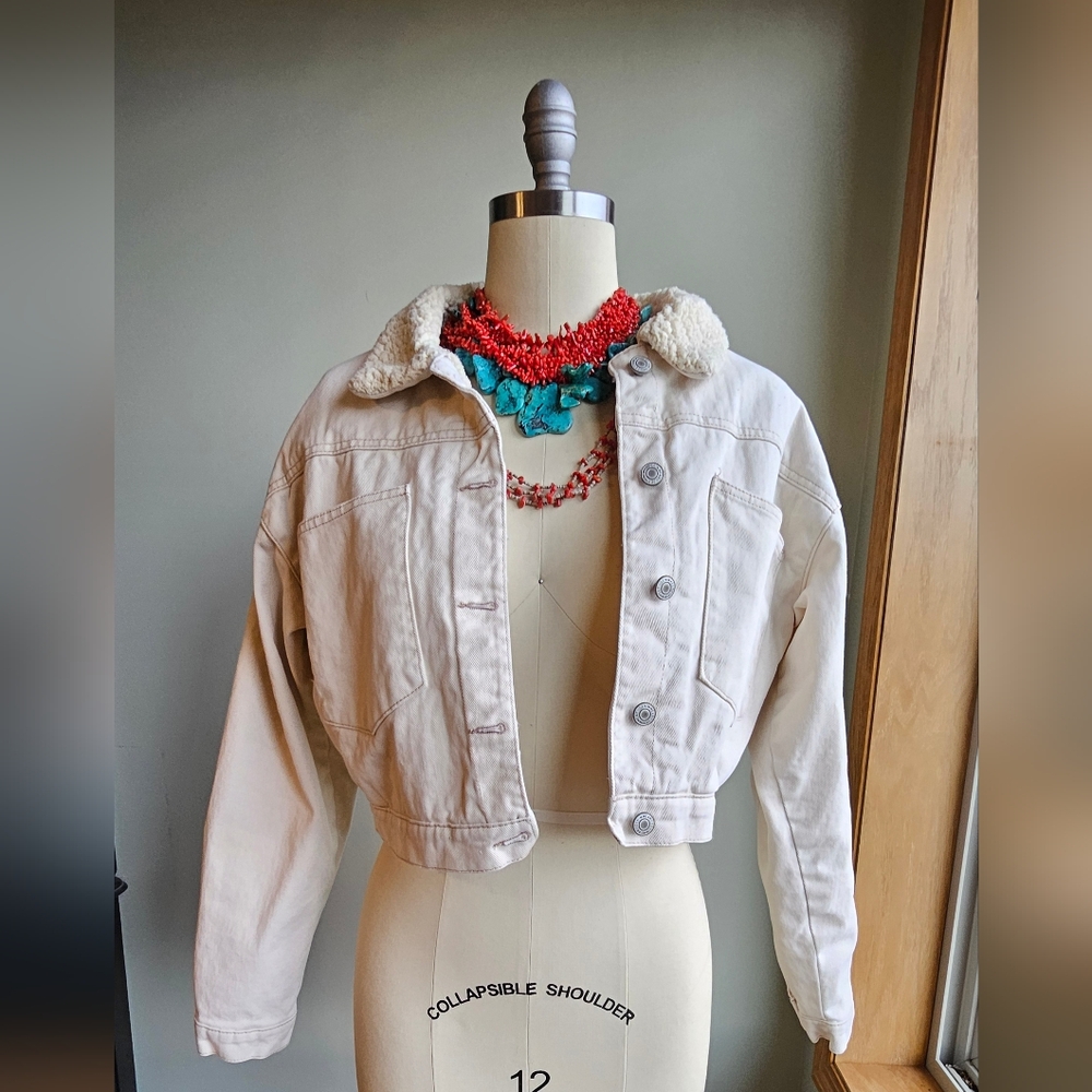 Stoosh Vintage Denim Cropped Fleece Lined Jacket